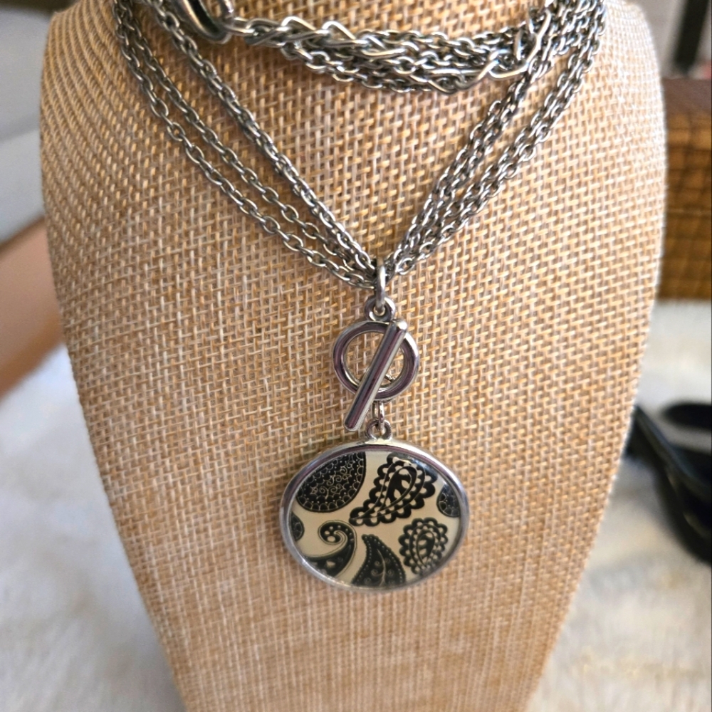 ***3/$10**  Chic Silver Necklace with removable pendant Black and Cream Design